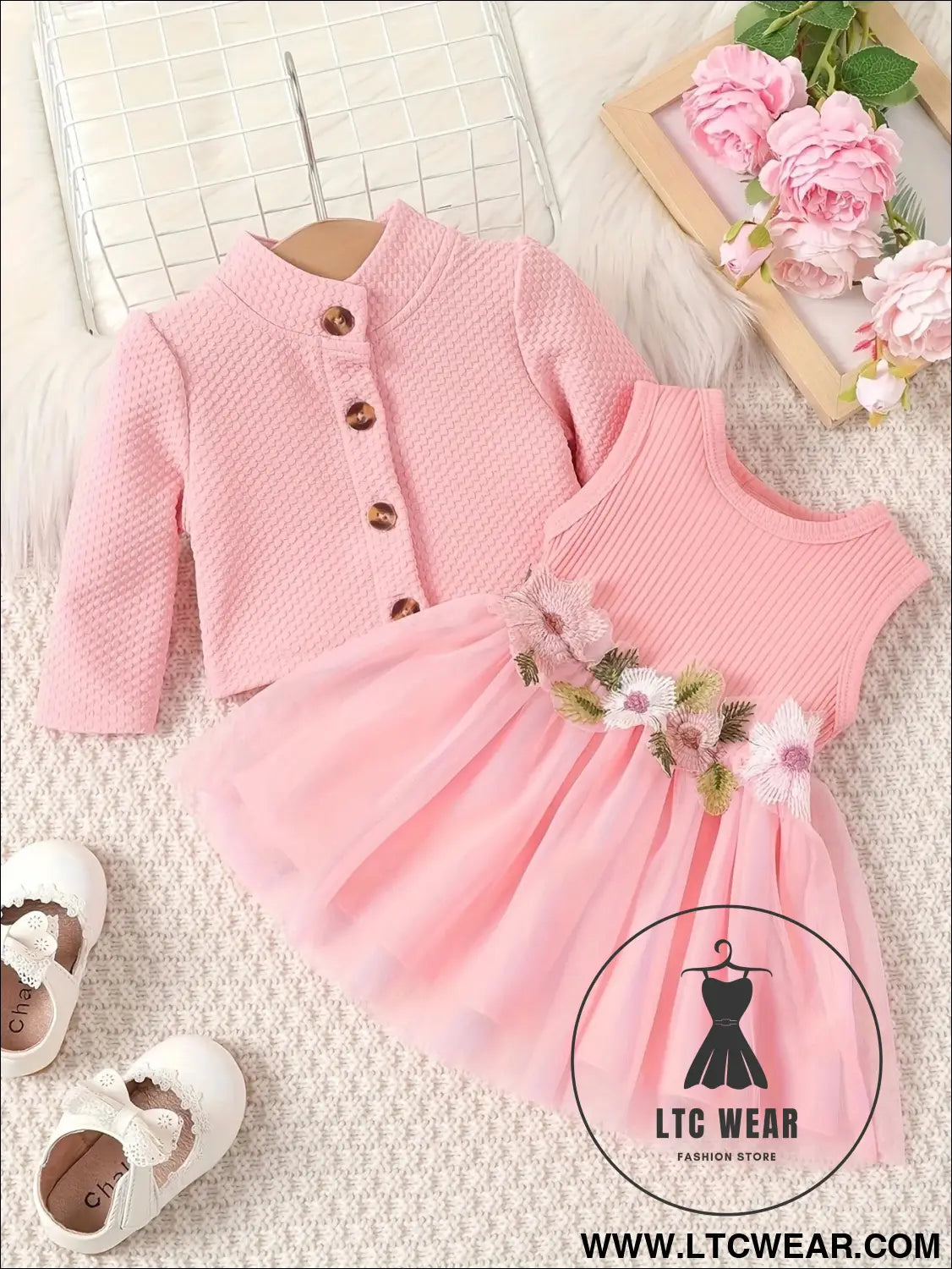 Baby girl waist flower design vest spliced mesh dress jacket for infants and young children