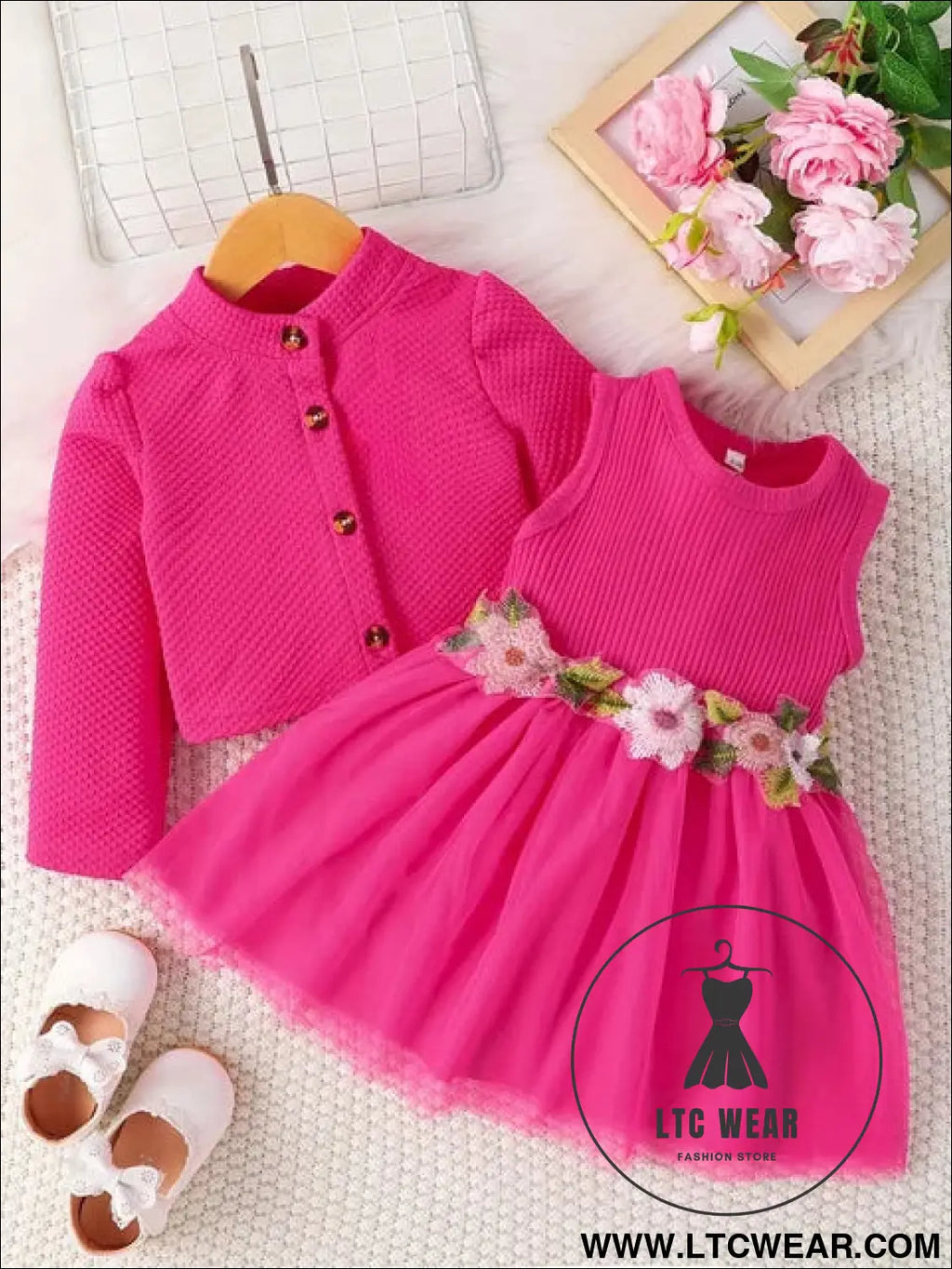 Baby girl waist flower design vest spliced mesh dress jacket for infants and young children - rose red / 3-6m