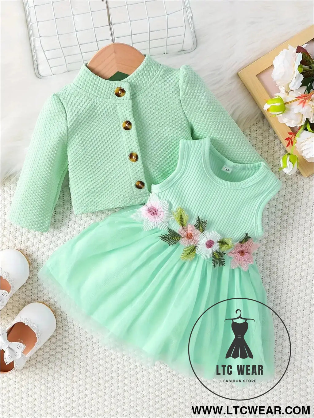 Baby girl waist flower design vest spliced mesh dress jacket for infants and young children