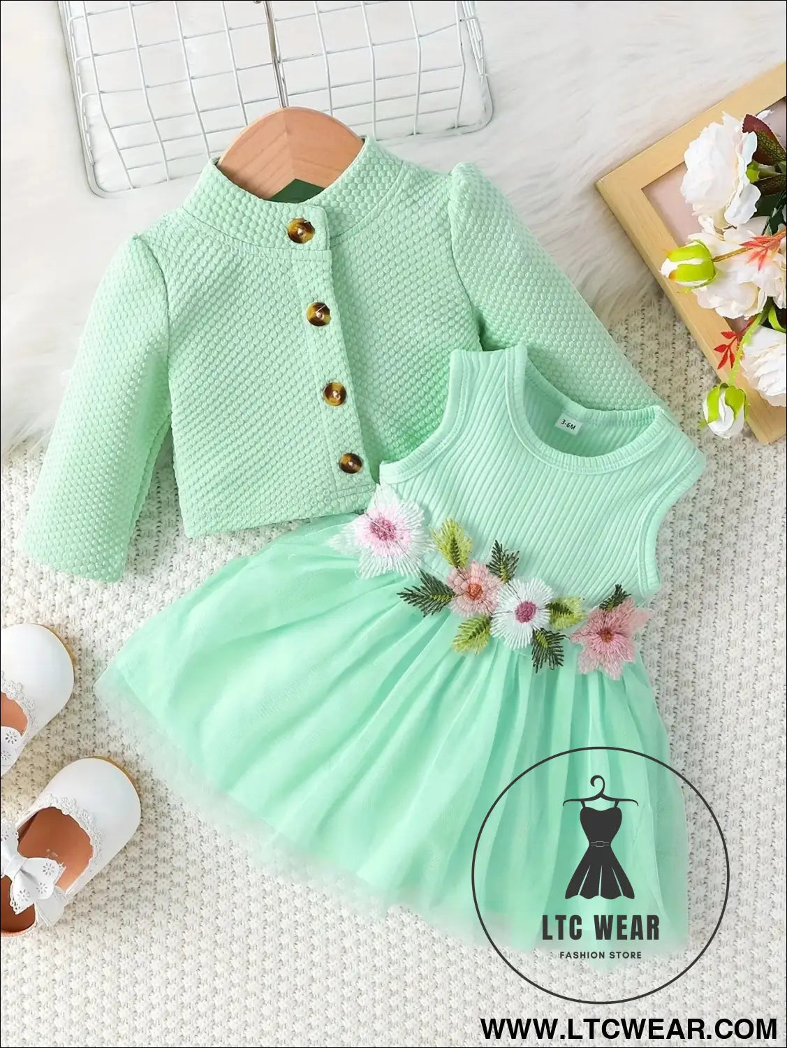 Baby girl waist flower design vest spliced mesh dress jacket for infants and young children