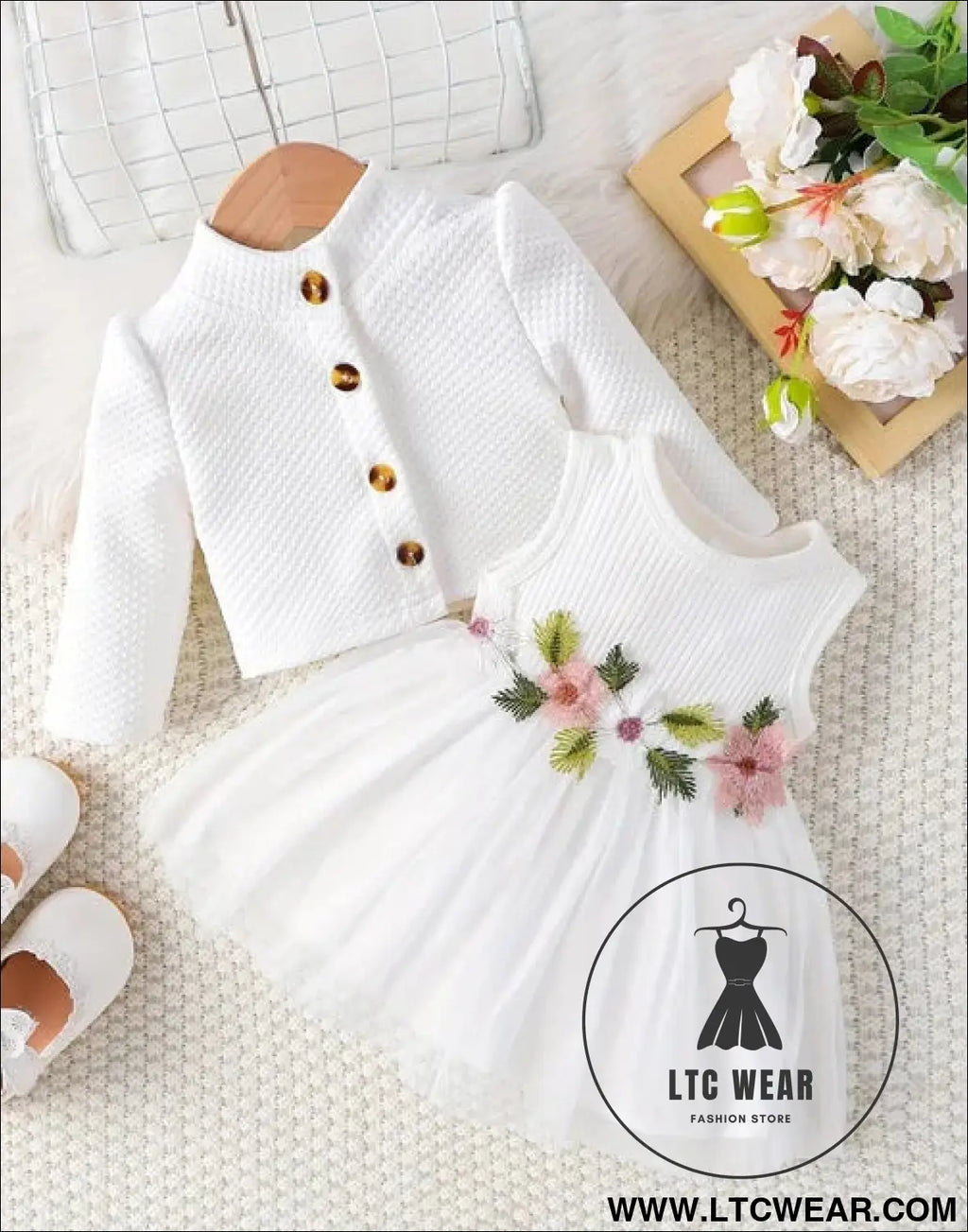 Baby girl waist flower design vest spliced mesh dress jacket for infants and young children - white / 3-6m