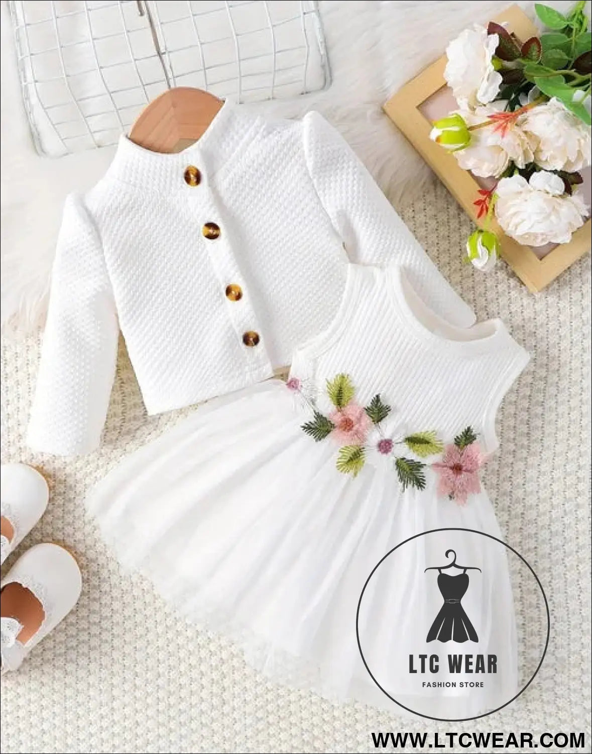 Baby girl waist flower design vest spliced mesh dress jacket for infants and young children - white / 3-6m
