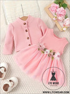 Baby girl waist flower design vest spliced mesh dress jacket for infants and young children - pink / 3-6m
