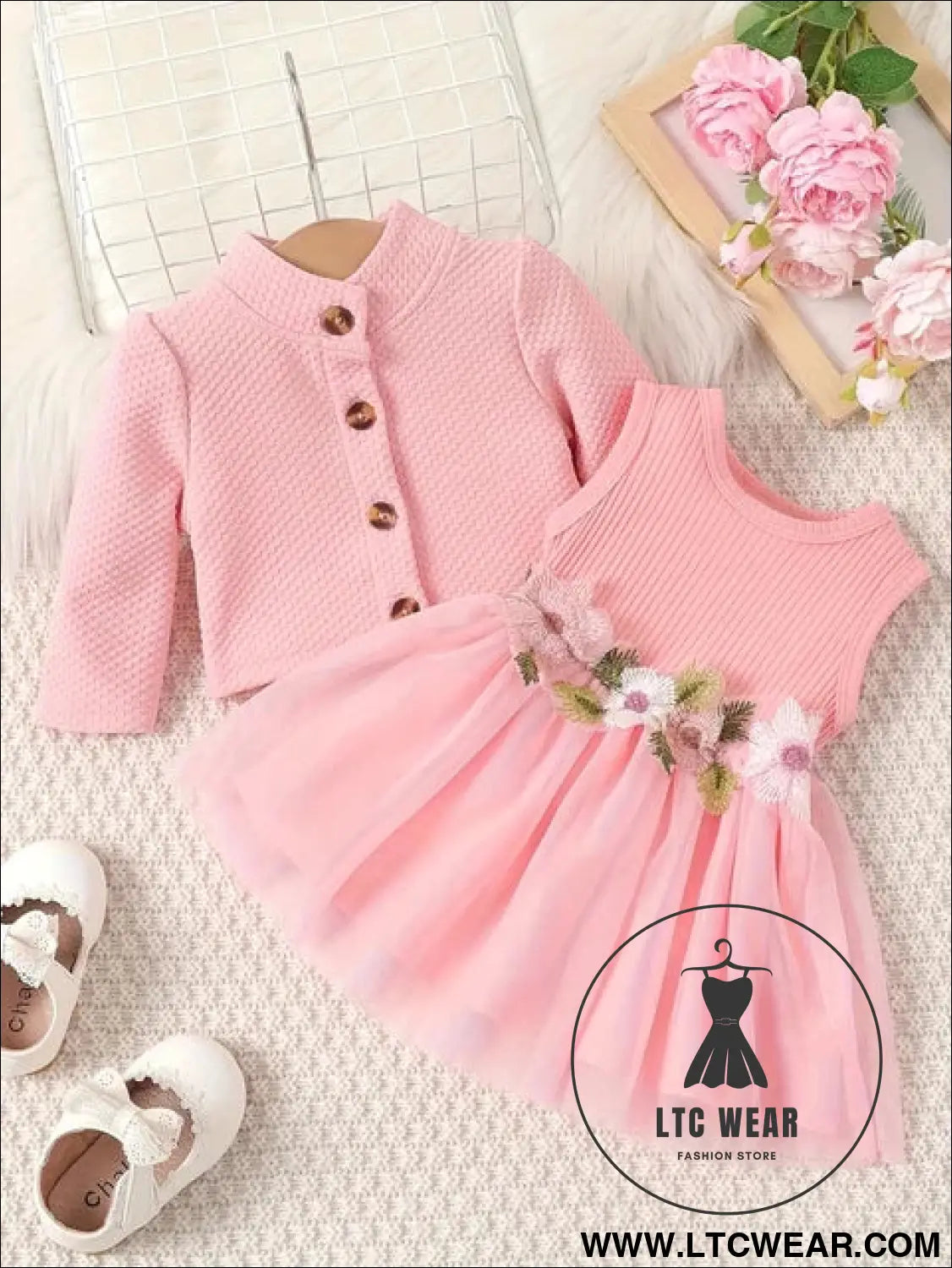 Baby girl waist flower design vest spliced mesh dress jacket for infants and young children - pink / 3-6m