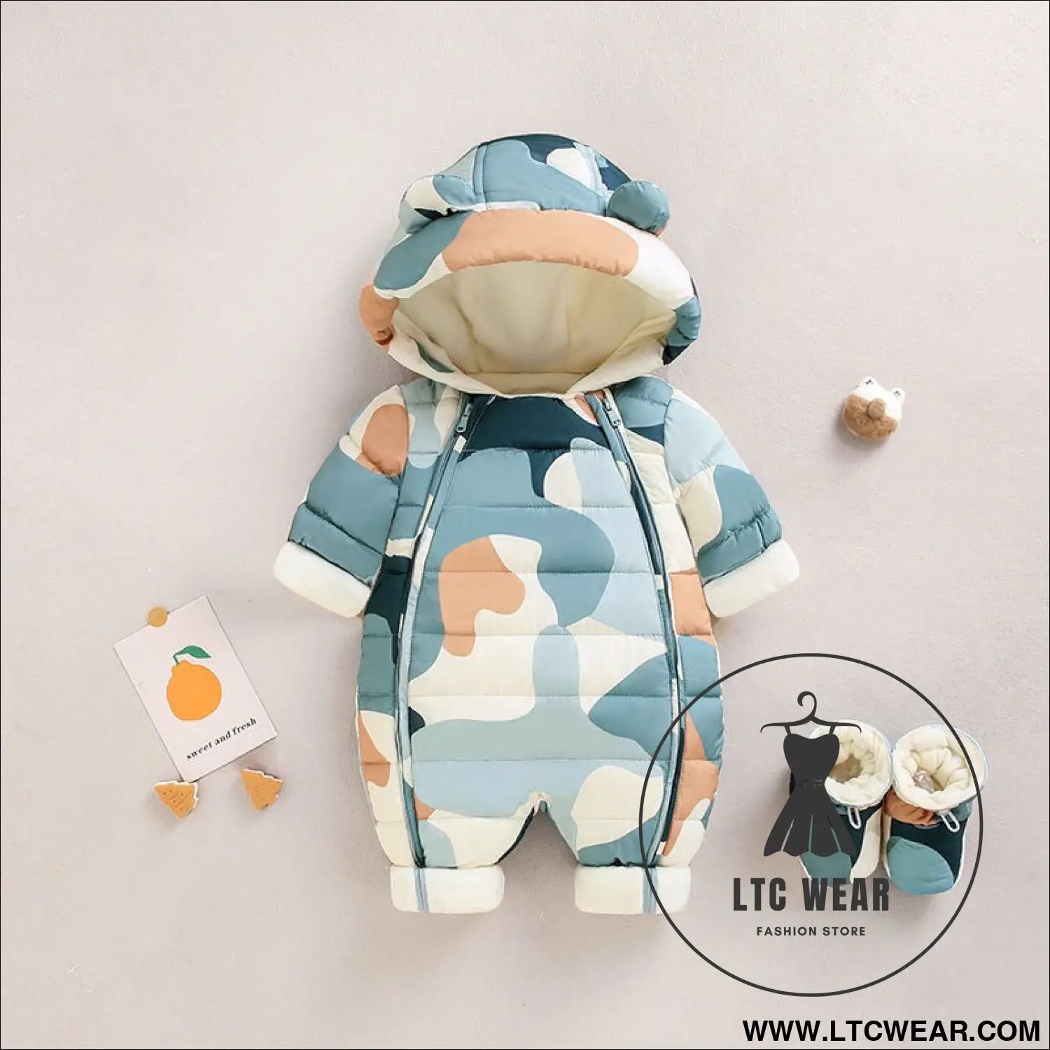 Baby winter clothes newborn one-piece clothes autumn and winter plush thickened outerwear hugging suit - green camo