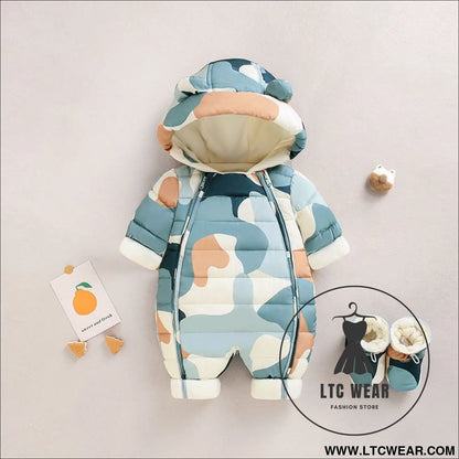 Baby winter clothes newborn one-piece clothes autumn and winter plush thickened outerwear hugging suit - green camo