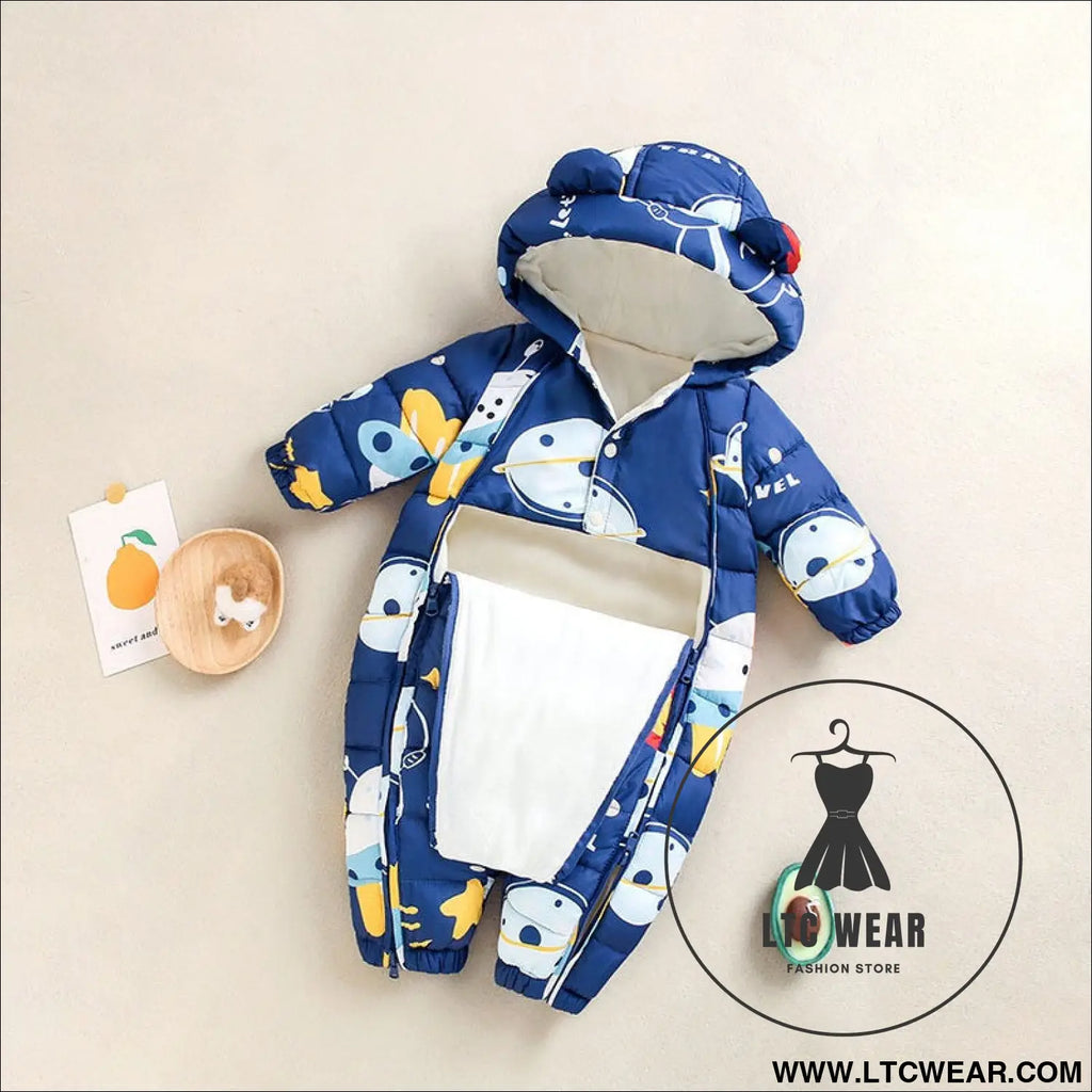 Baby winter clothes newborn one-piece clothes autumn and winter plush thickened outerwear hugging suit - navy blue