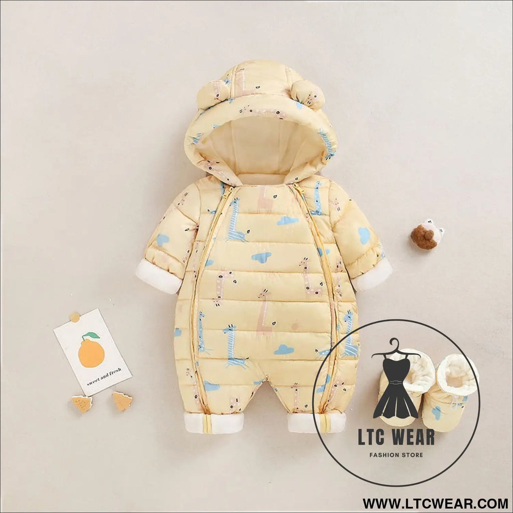 Baby winter clothes newborn one-piece clothes autumn and winter plush thickened outerwear hugging suit - yellow (with