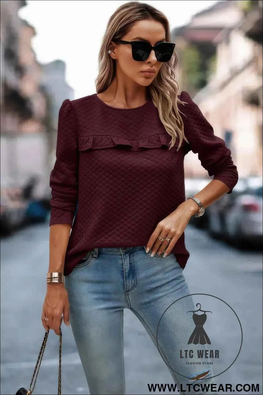 Back Ruffled Detail Crewneck Ruffle Pullover