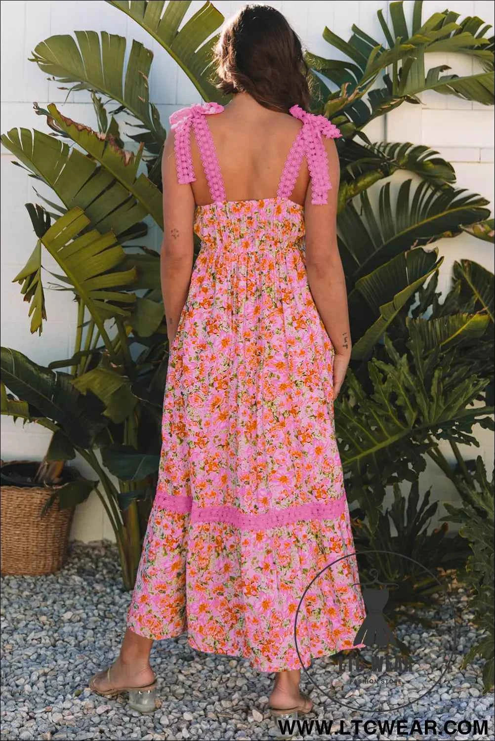 Banana Cream Floral Lace Tied Strap Empire Waist Maxi Dress