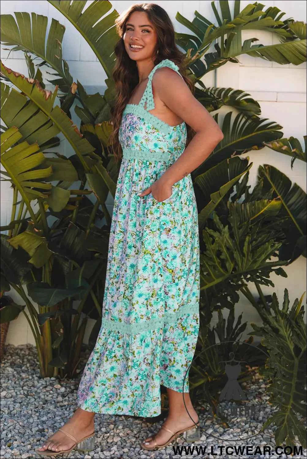 Banana Cream Floral Lace Tied Strap Empire Waist Maxi Dress