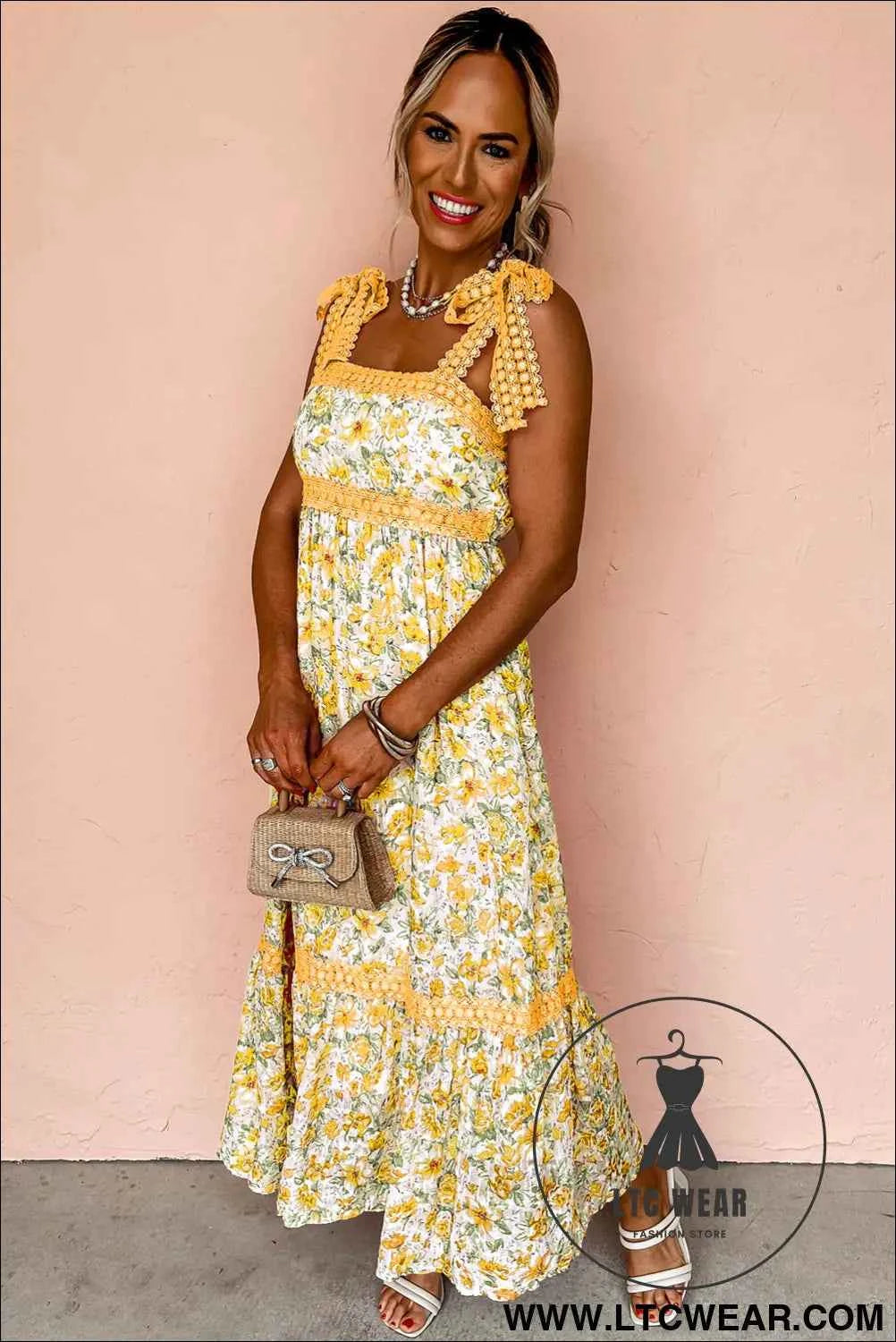 Banana Cream Floral Lace Tied Strap Empire Waist Maxi Dress