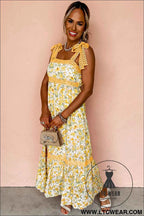 Banana Cream Floral Lace Tied Strap Empire Waist Maxi Dress