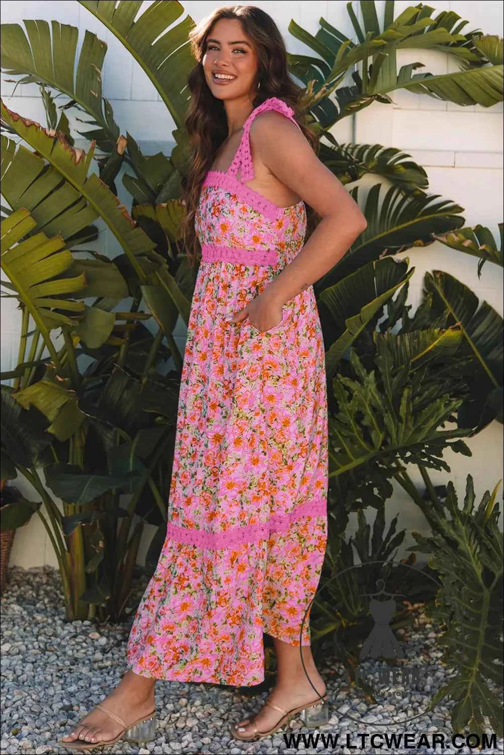 Banana Cream Floral Lace Tied Strap Empire Waist Maxi Dress