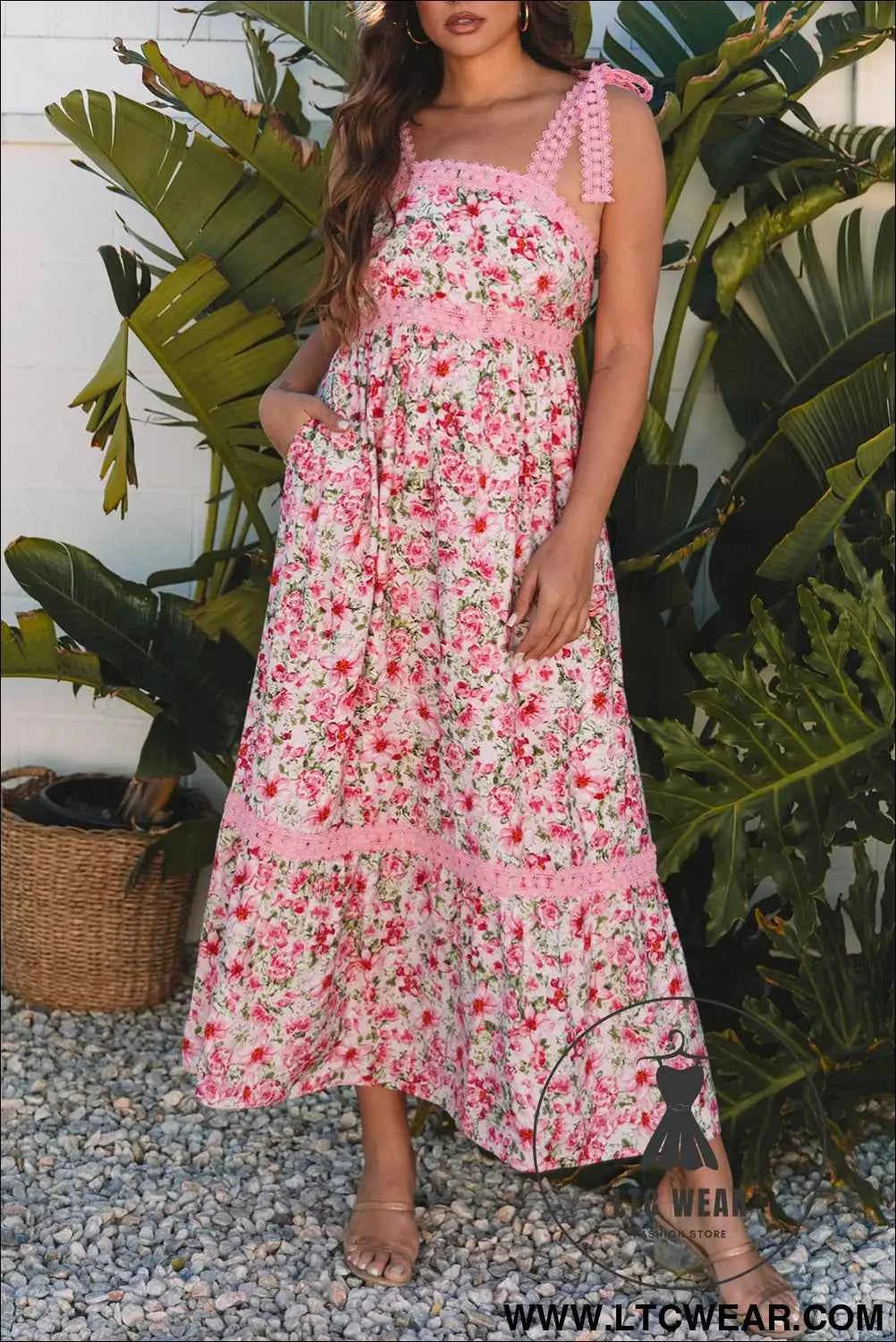 Banana Cream Floral Lace Tied Strap Empire Waist Maxi Dress