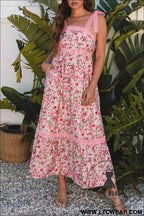 Banana Cream Floral Lace Tied Strap Empire Waist Maxi Dress
