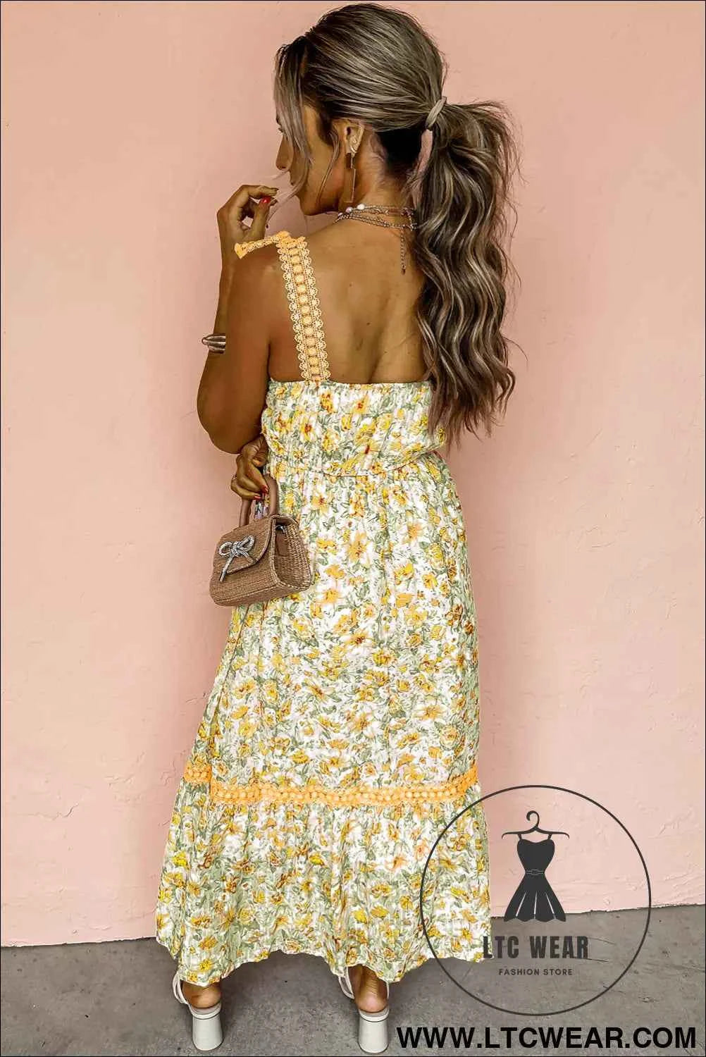 Banana Cream Floral Lace Tied Strap Empire Waist Maxi Dress