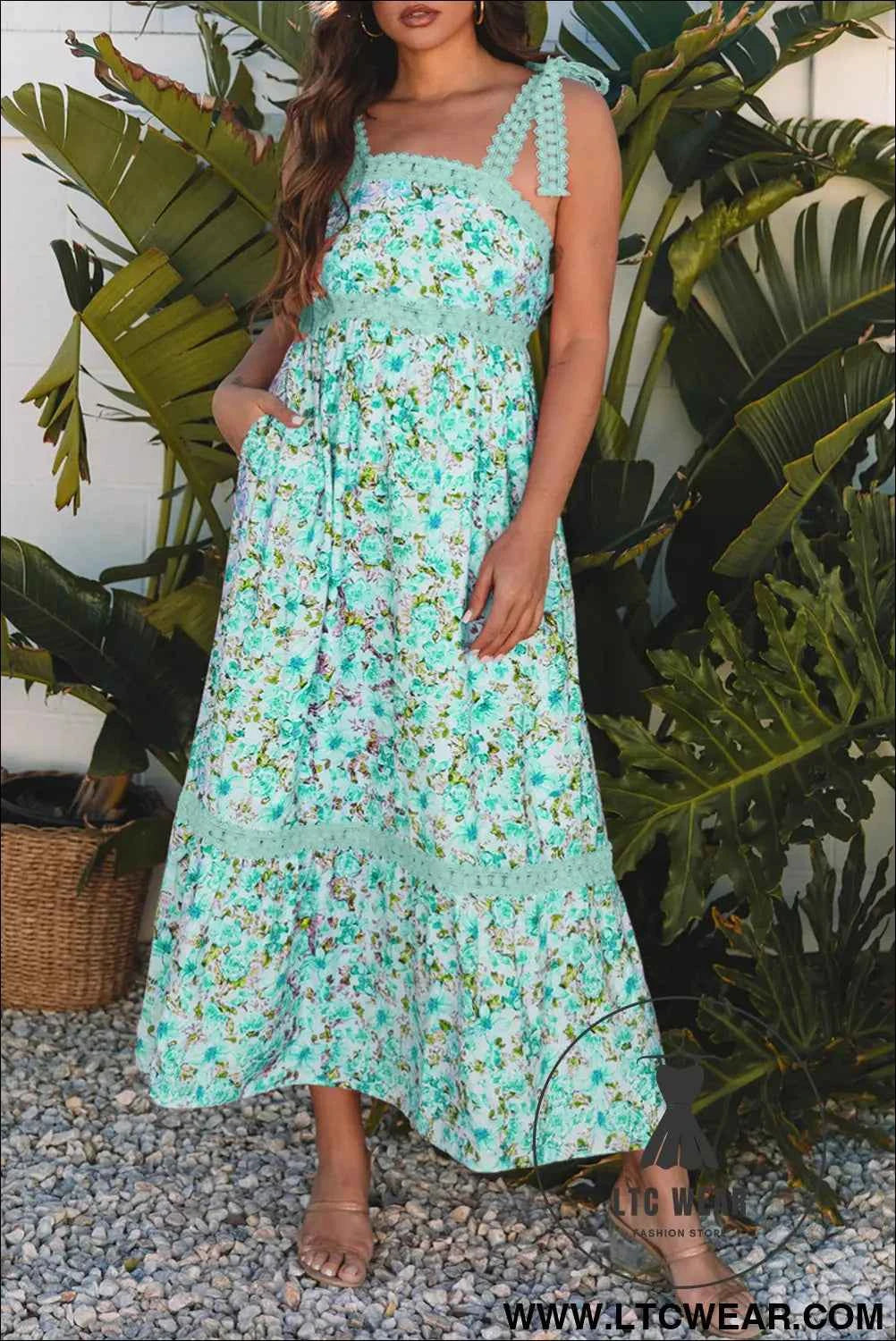 Banana Cream Floral Lace Tied Strap Empire Waist Maxi Dress