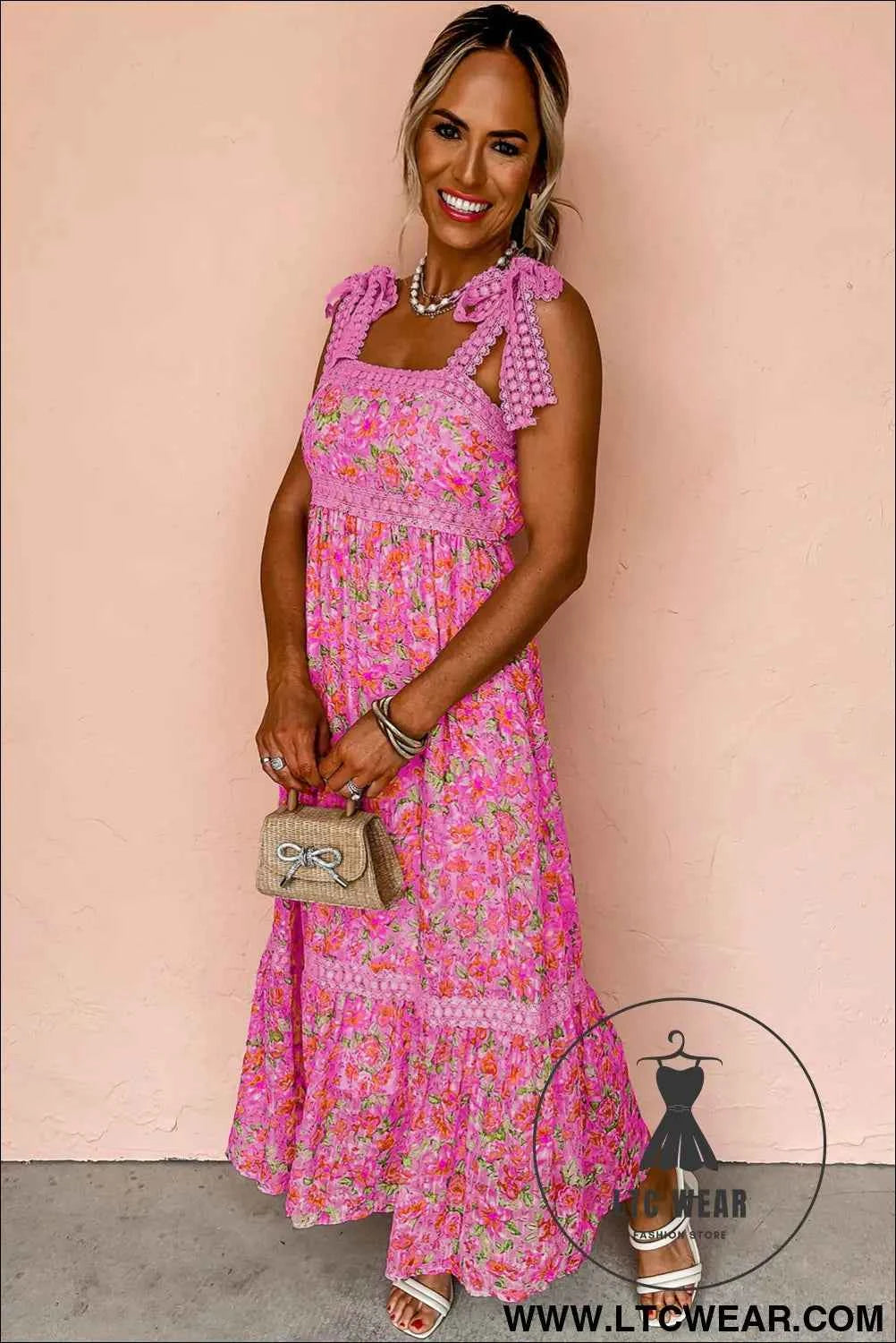 Banana Cream Floral Lace Tied Strap Empire Waist Maxi Dress