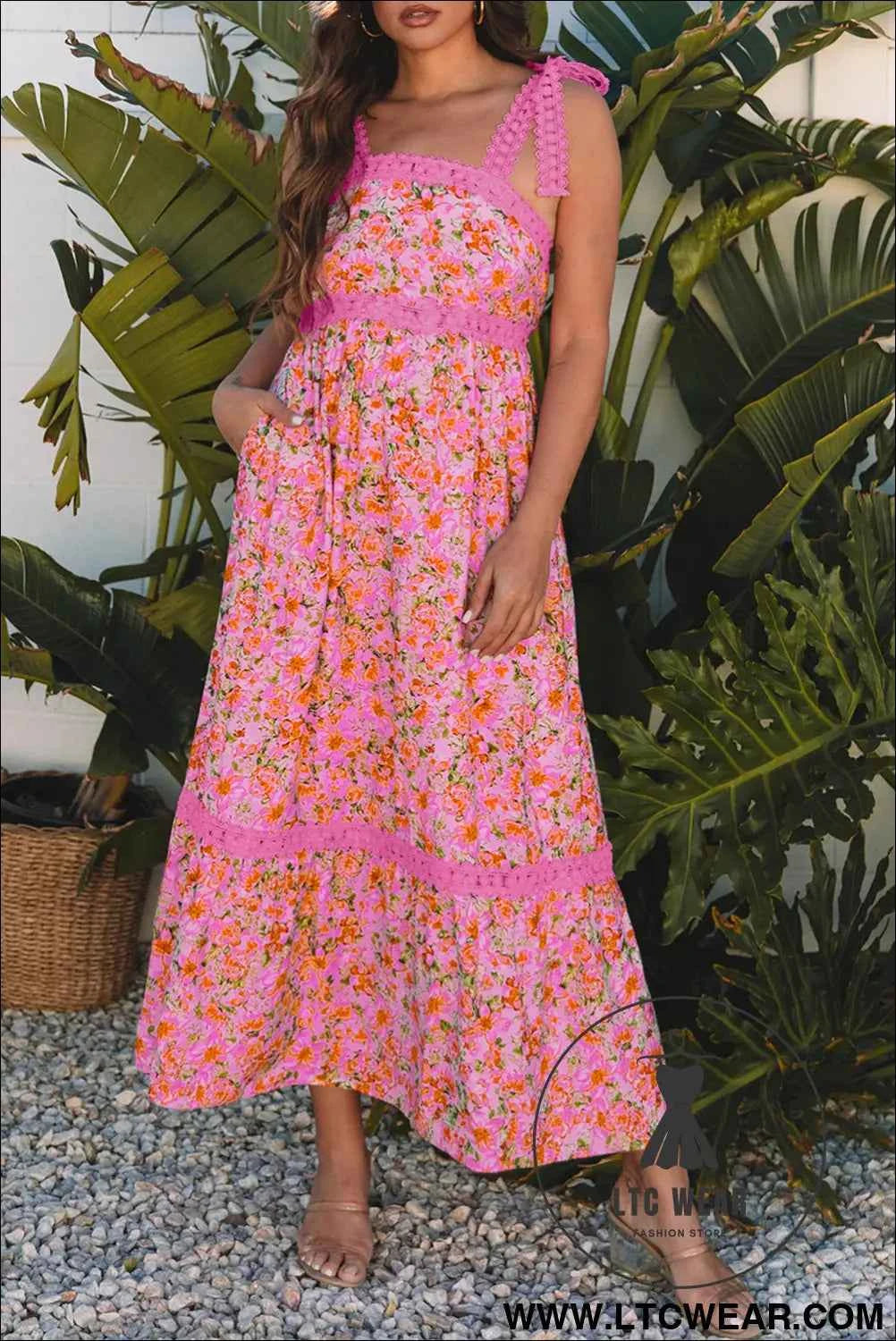 Banana Cream Floral Lace Tied Strap Empire Waist Maxi Dress