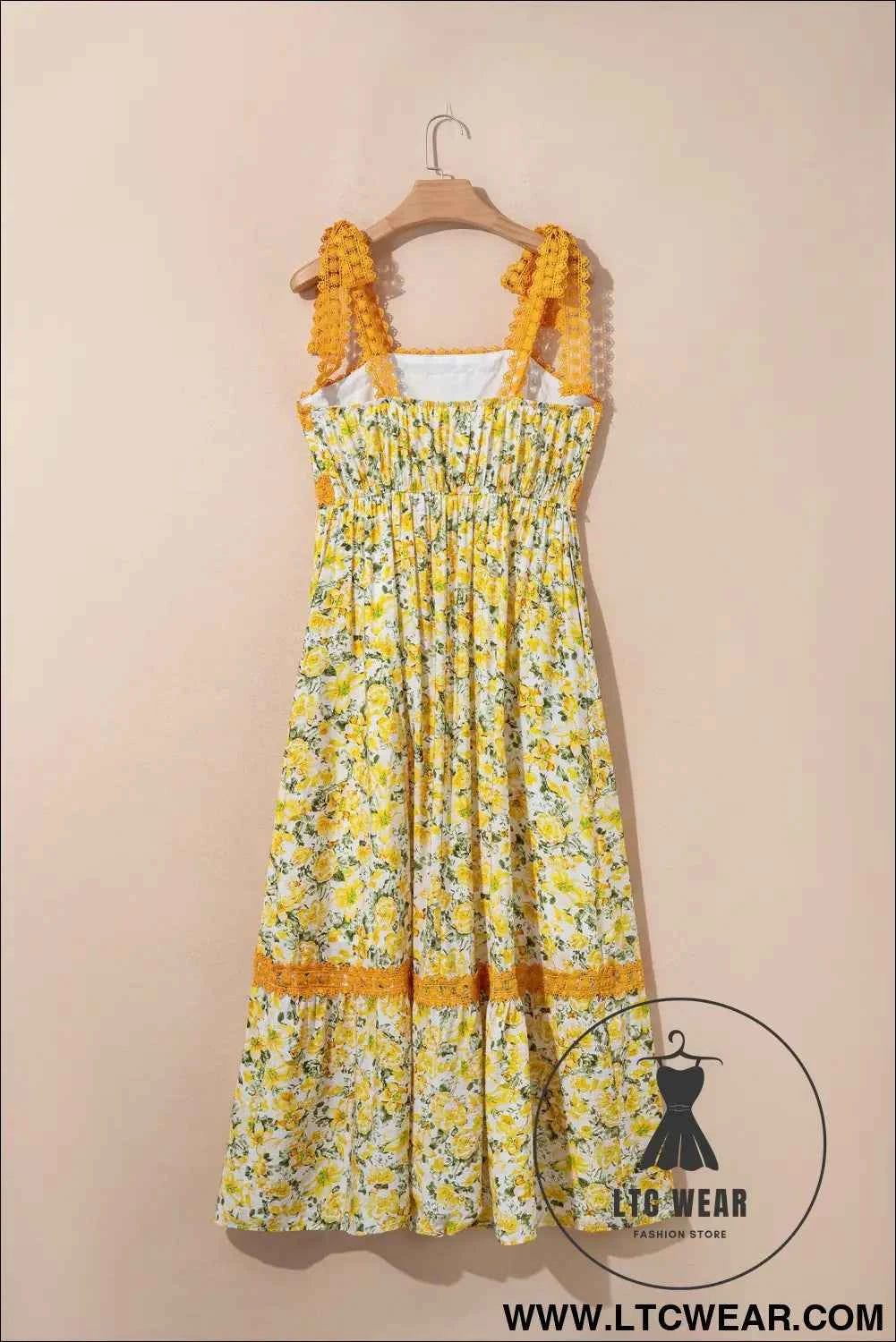 Banana Cream Floral Lace Tied Strap Empire Waist Maxi Dress