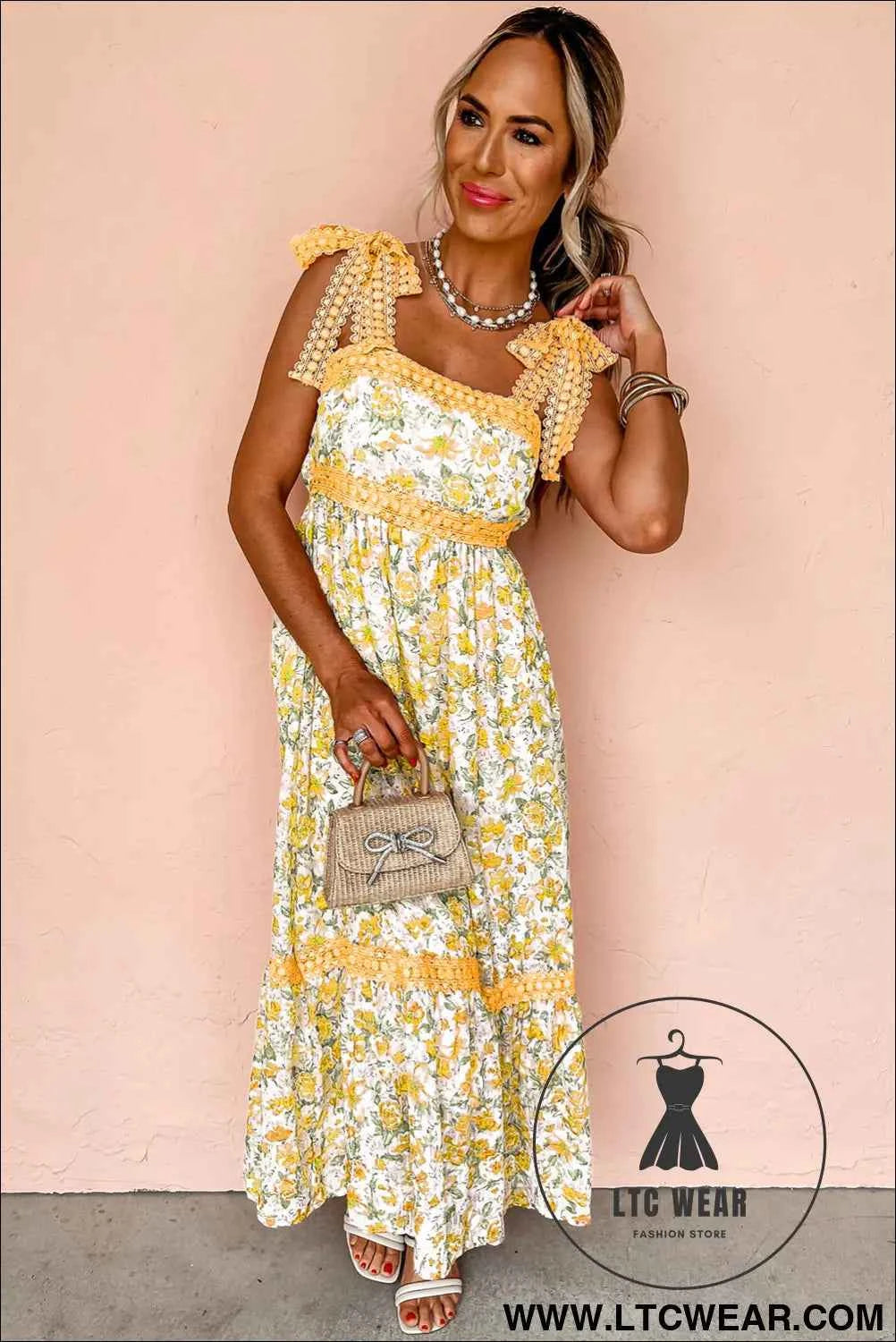 Banana Cream Floral Lace Tied Strap Empire Waist Maxi Dress