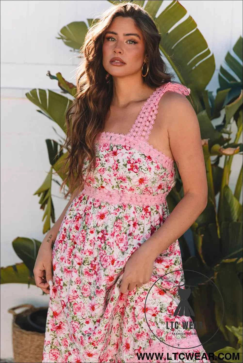 Banana Cream Floral Lace Tied Strap Empire Waist Maxi Dress