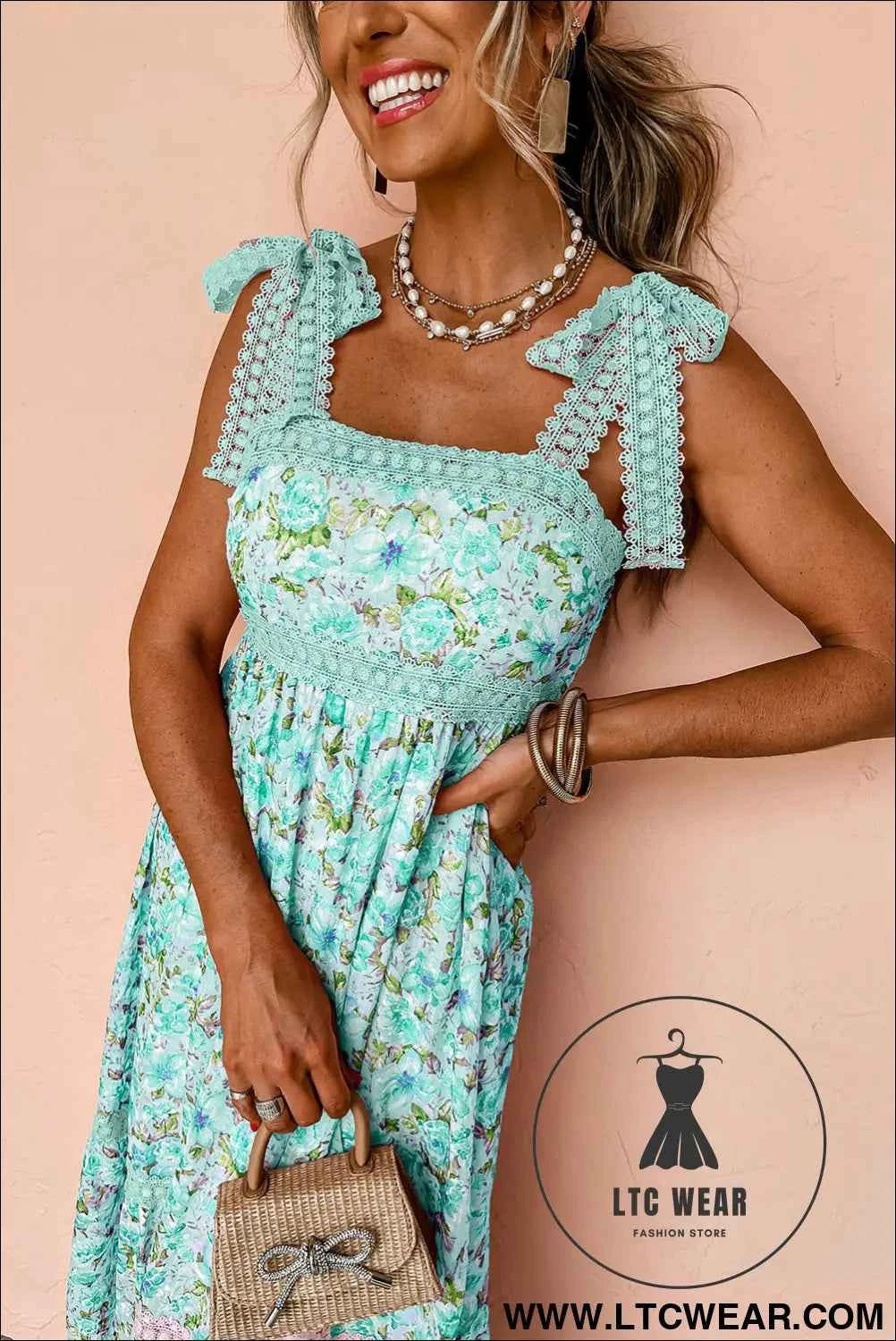 Banana Cream Floral Lace Tied Strap Empire Waist Maxi Dress