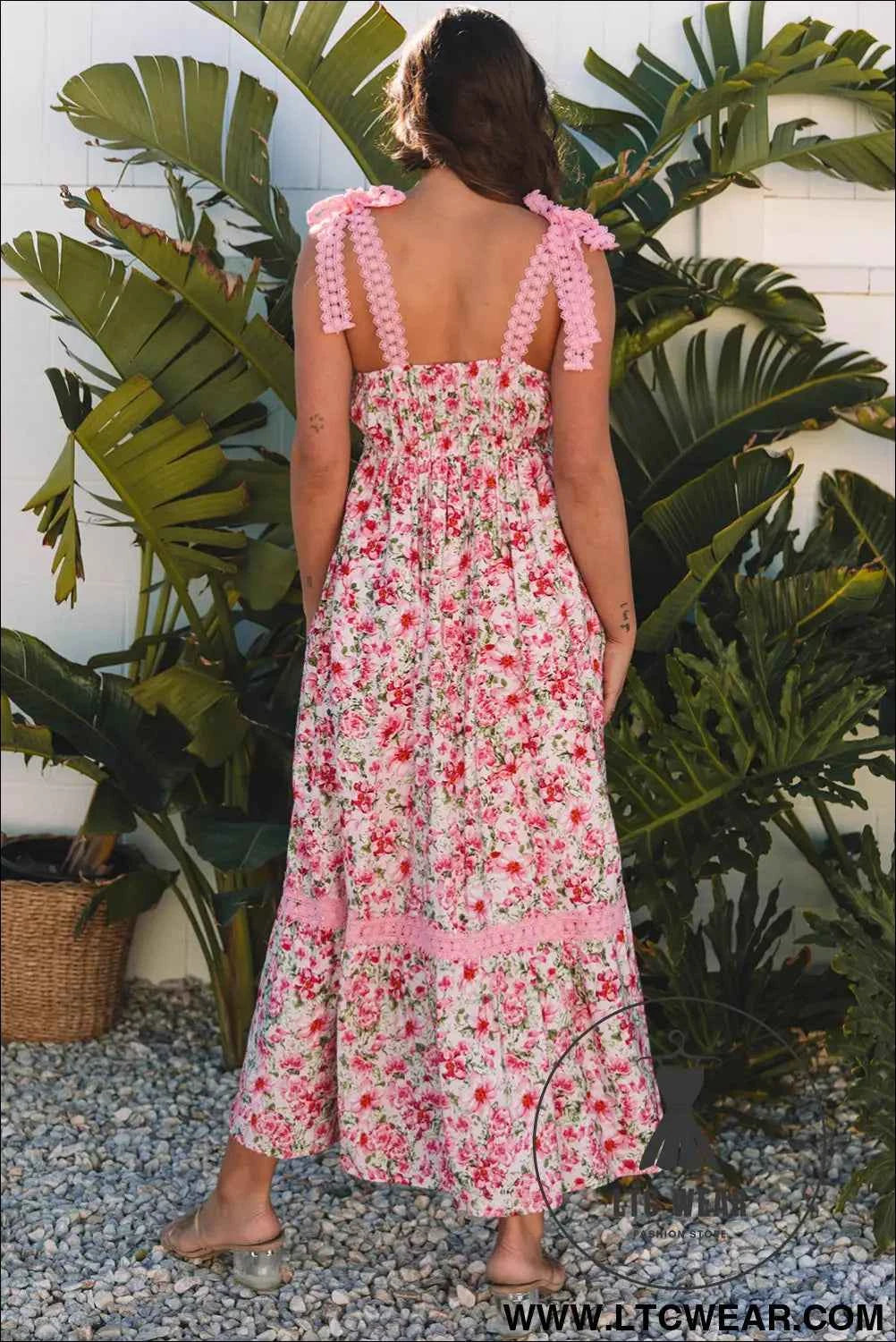 Banana Cream Floral Lace Tied Strap Empire Waist Maxi Dress