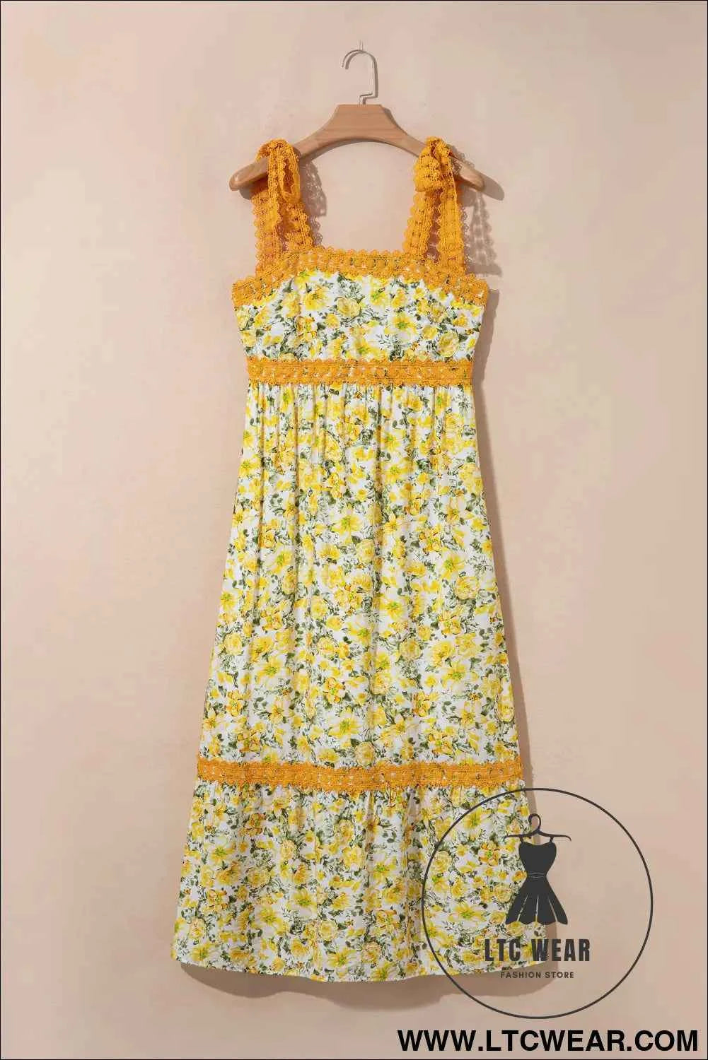 Banana Cream Floral Lace Tied Strap Empire Waist Maxi Dress