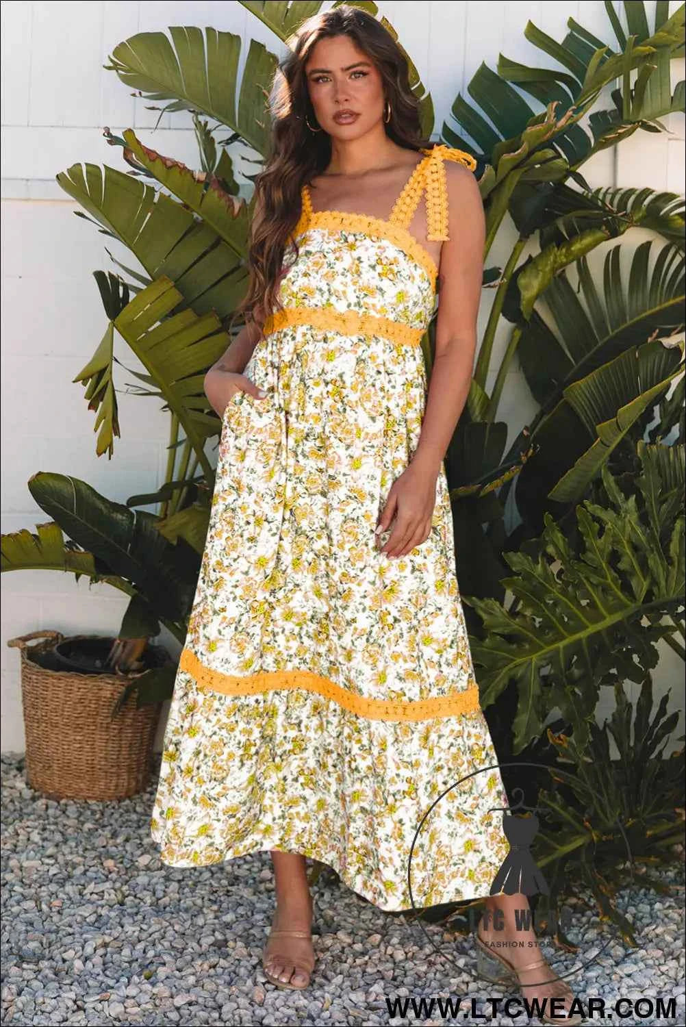 Banana Cream Floral Lace Tied Strap Empire Waist Maxi Dress