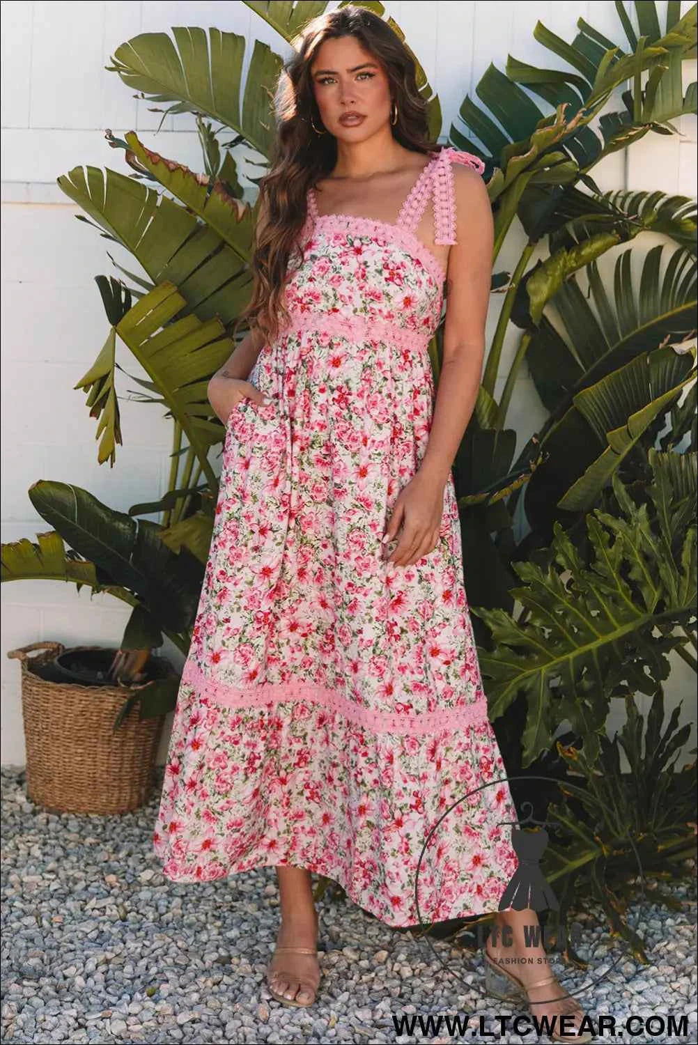 Banana Cream Floral Lace Tied Strap Empire Waist Maxi Dress