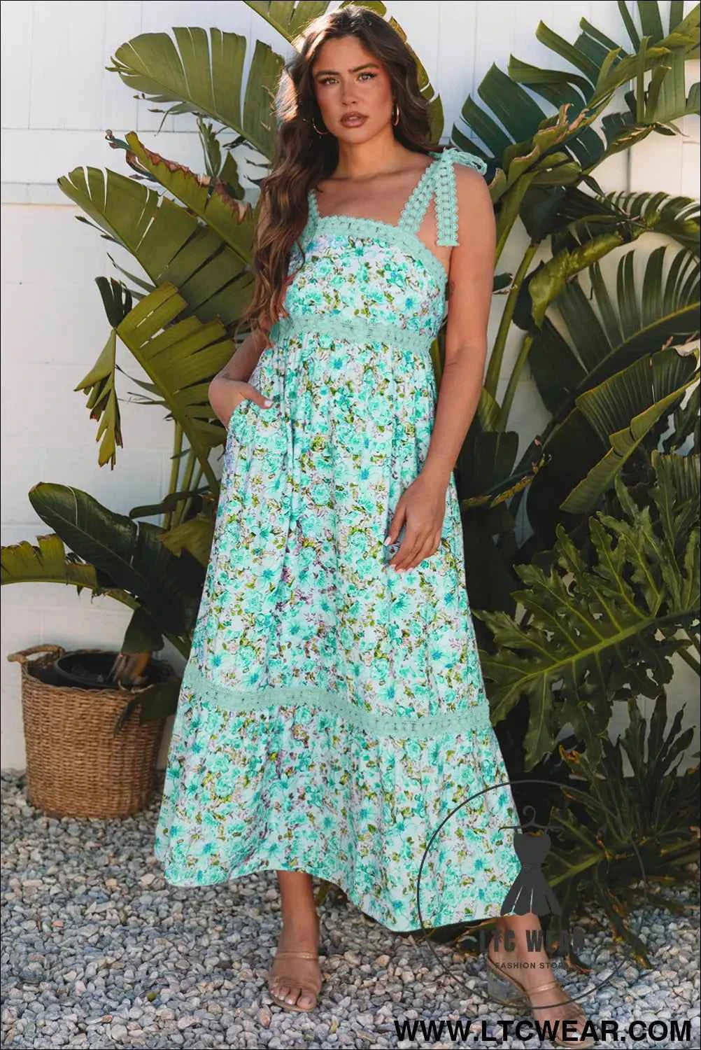 Banana Cream Floral Lace Tied Strap Empire Waist Maxi Dress