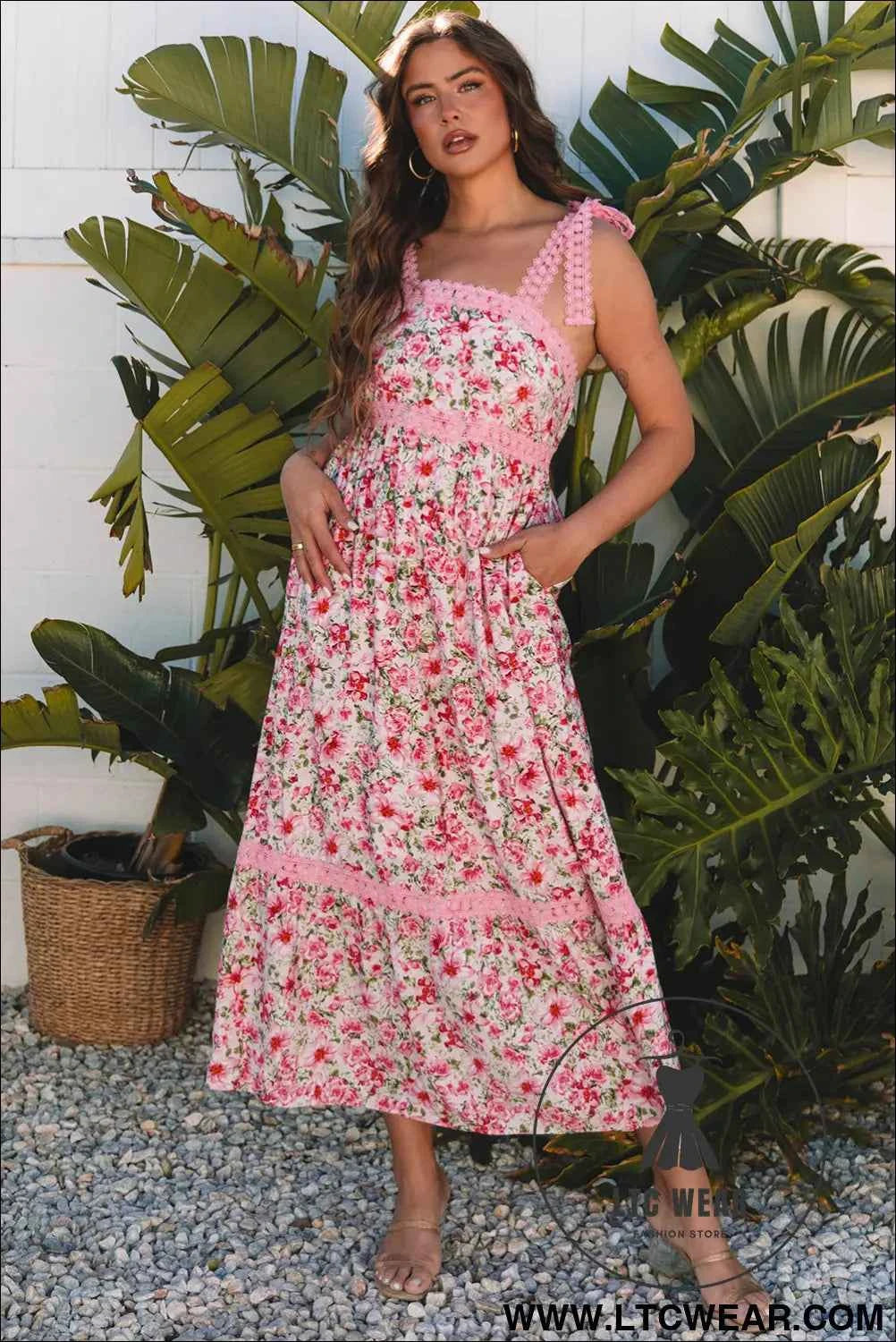 Banana Cream Floral Lace Tied Strap Empire Waist Maxi Dress