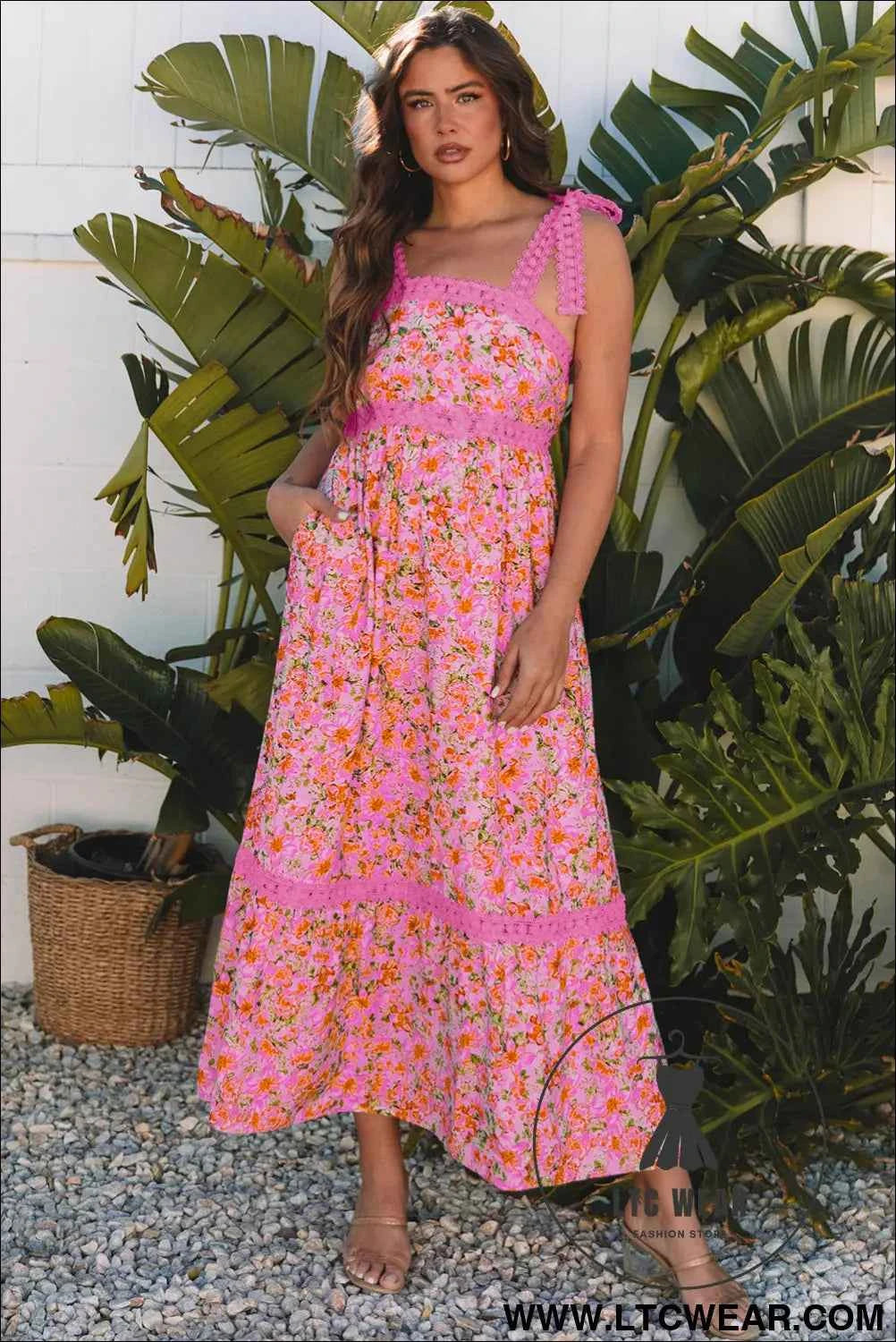Banana Cream Floral Lace Tied Strap Empire Waist Maxi Dress