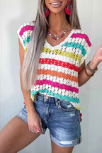 Multicolour Striped Eyelet Knit V Neck Sweater Tee