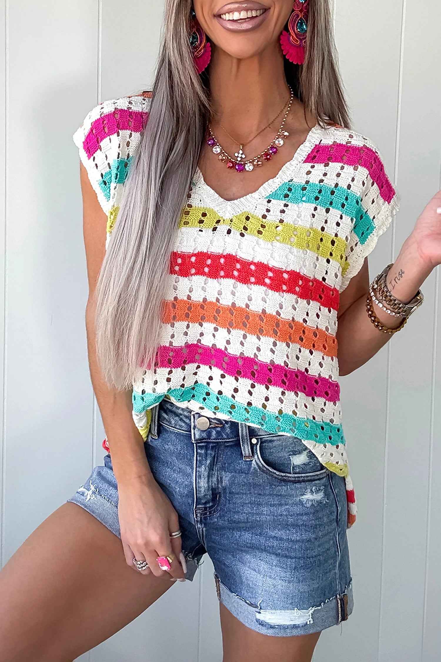 Multicolour Striped Eyelet Knit V Neck Sweater Tee