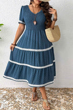 Dusk Blue Plus Size V Neck Swiss Dot Lace Patchwork Detail Flared Midi Dress