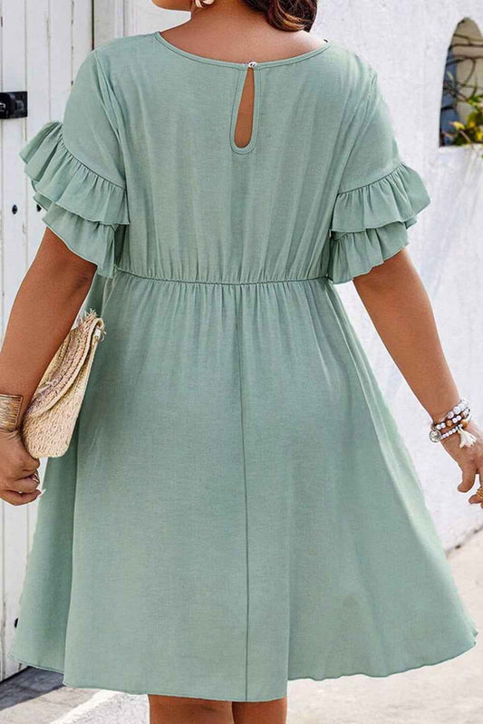 Grass Green Plain Ruffle Hem Plus Size Flared Mini Dress