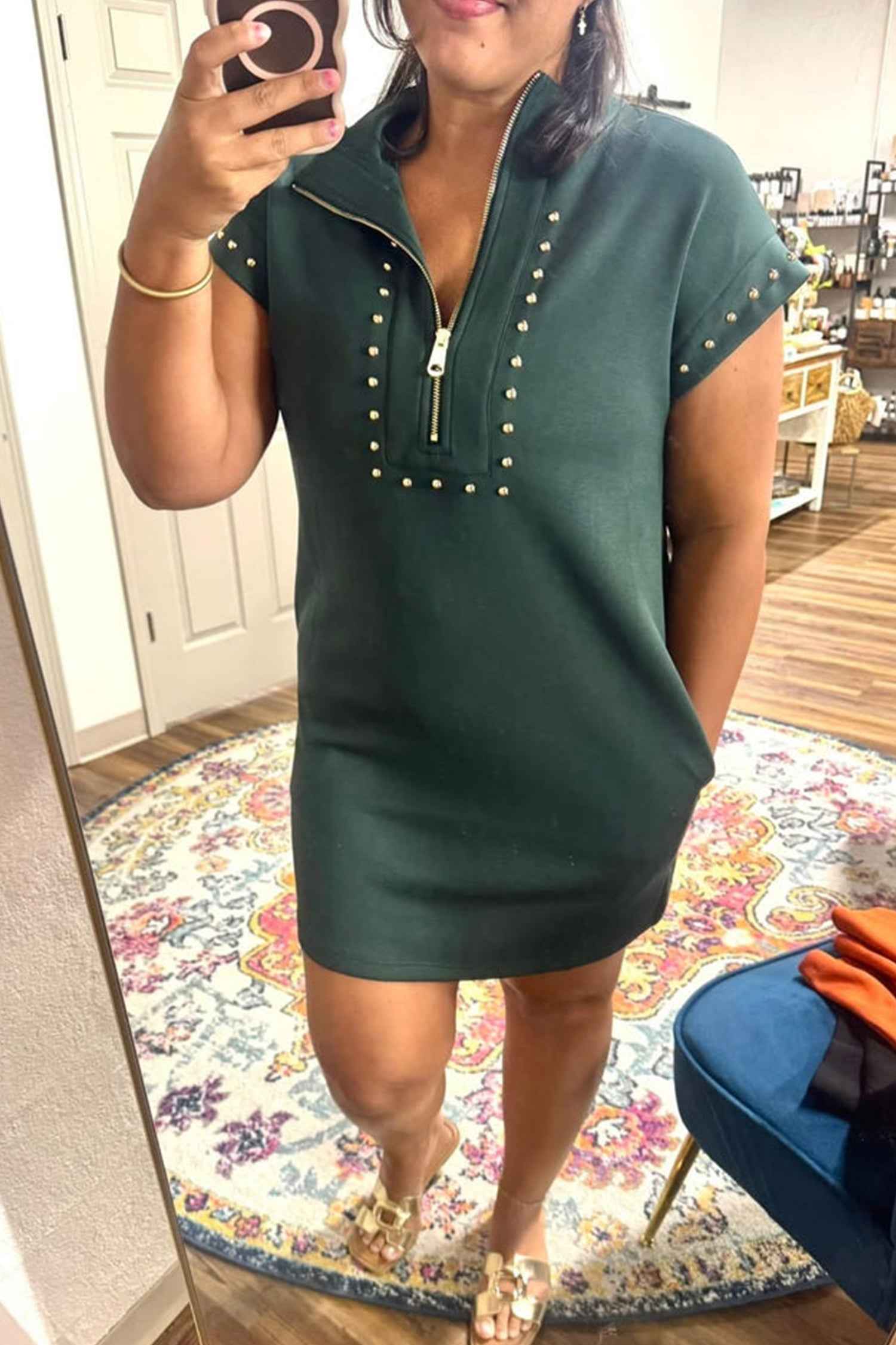 Evergreen Plus Size Glow Studded Zip up T Shirt Dress with Pockets