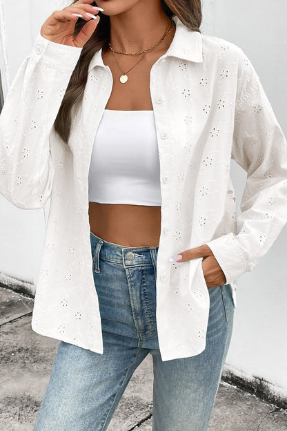 Yellow Cream Solid Eyelet Flower Pattern Button Down Loose Shirt