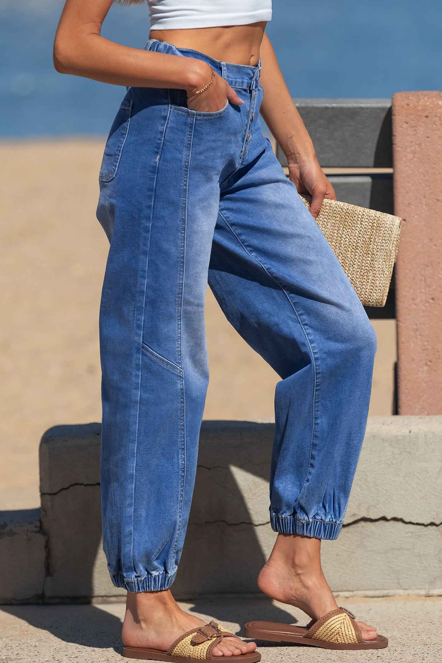 Blue 4 Buttons Front Tapered Casual Loose Fit Jeans