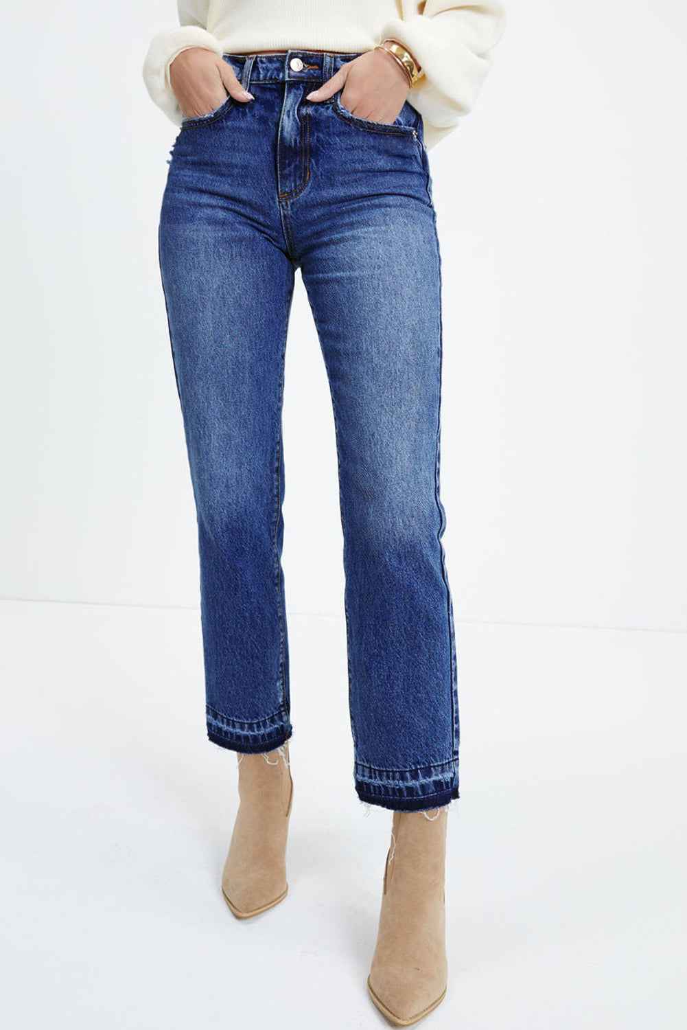 Dark Blue Whiskered Wash Raw Hem Cropped Jeans