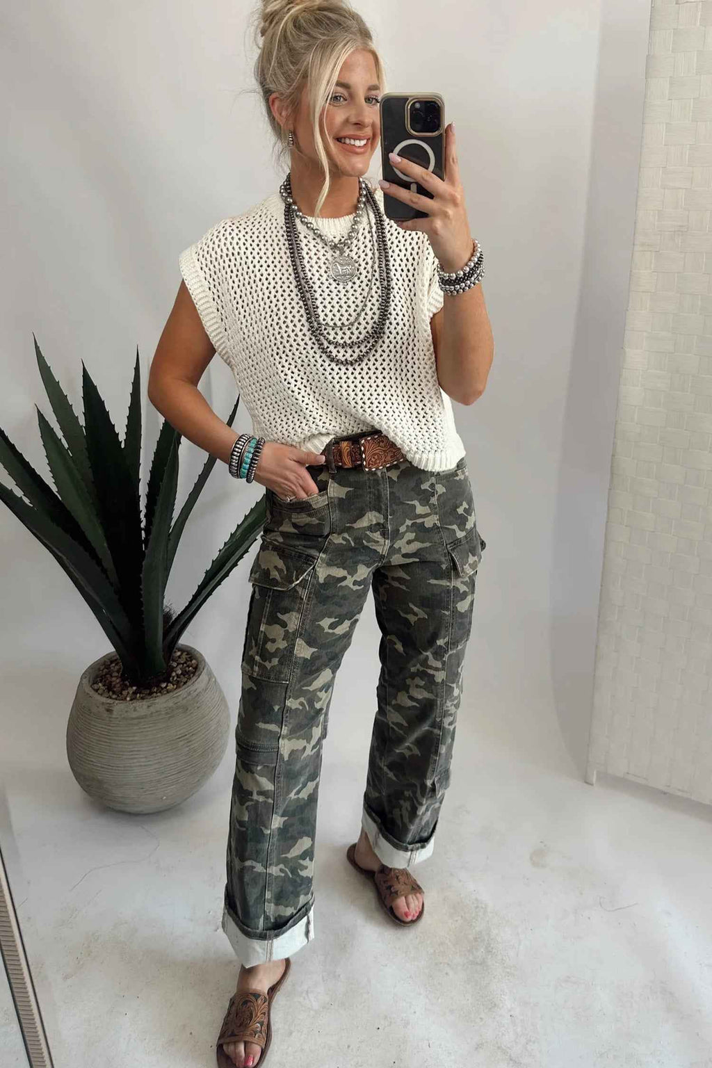 Green Camouflage Print Multi Pocketed Womens Denim Pants
