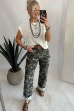 Green Camouflage Print Multi Pocketed Womens Denim Pants