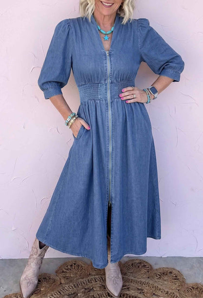 Blue V Neck Shirred Waist Metal Zipper Denim Midi Dress