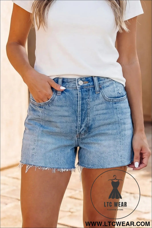 Beau Blue Acid Wash Raw Hem Denim Shorts