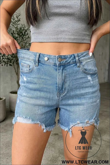 Beau Blue Asymmetric Raw Hem Distressed Whiskery Denim Shorts