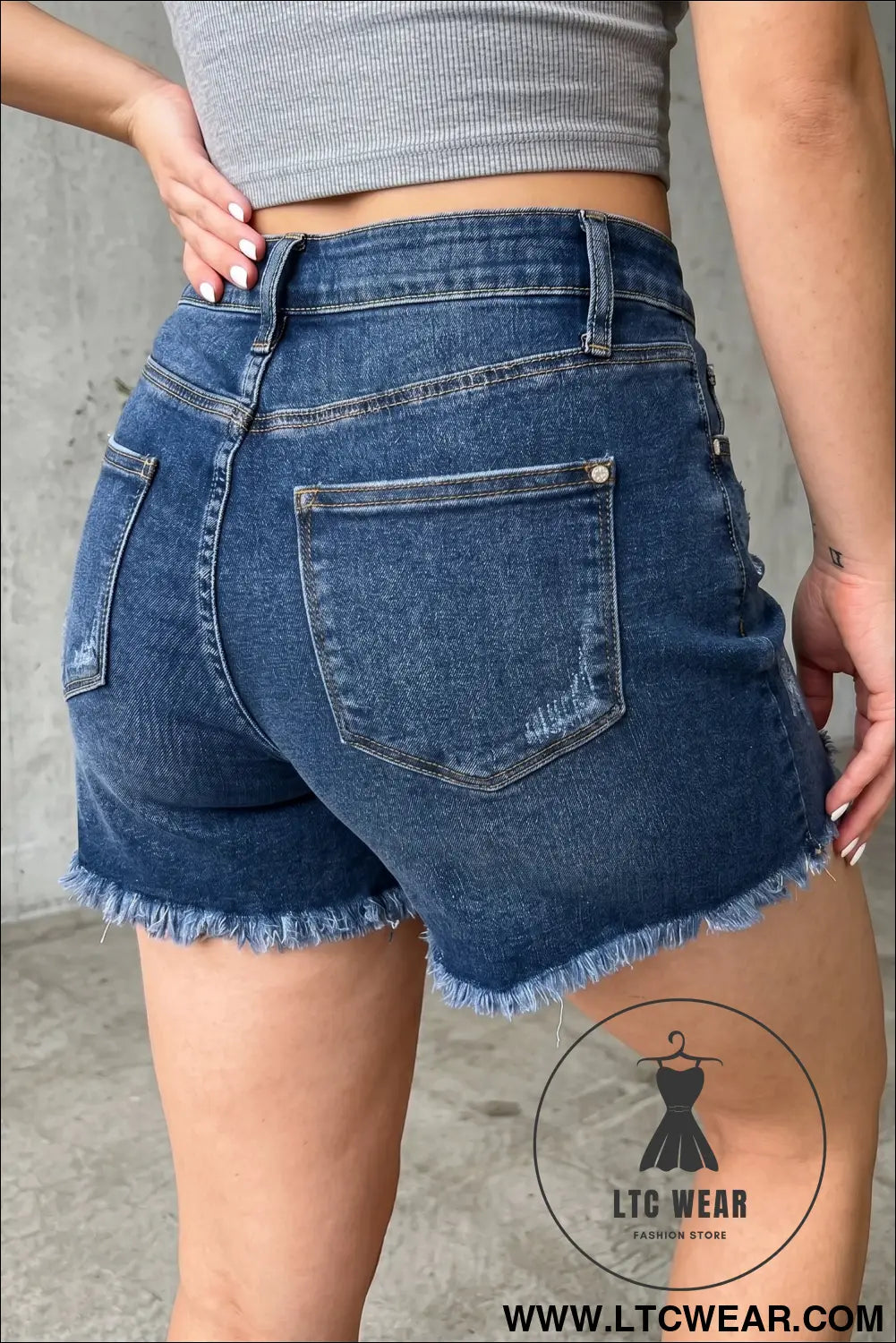 Beau Blue Asymmetric Raw Hem Distressed Whiskery Denim Shorts - L.T.C Wear Online Fashion Store