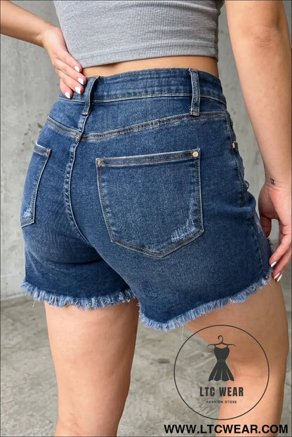 Beau Blue Asymmetric Raw Hem Distressed Whiskery Denim Shorts - L.T.C Wear Online Fashion Store